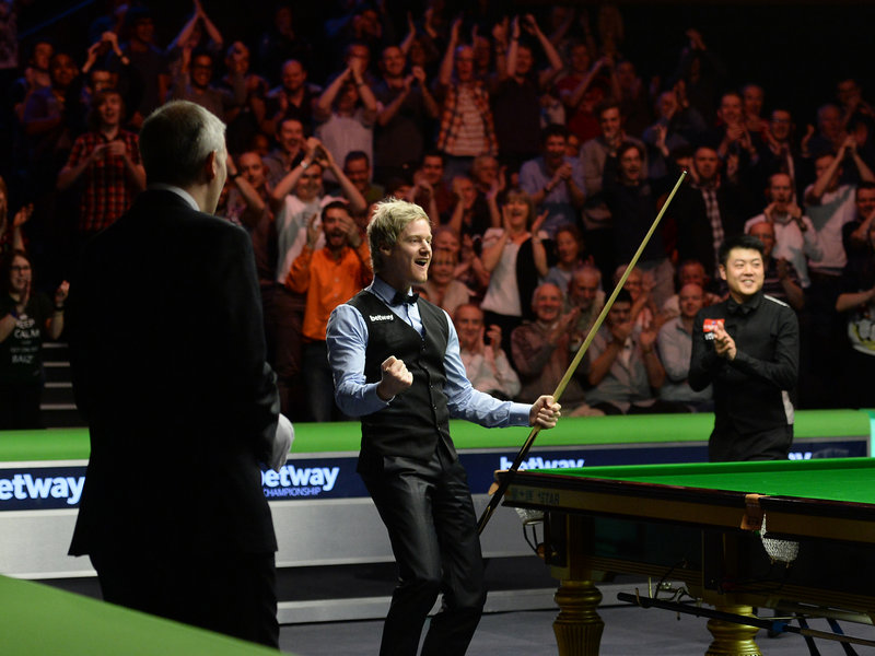 Neil Robertson celebrates scoring his maximum 147 break