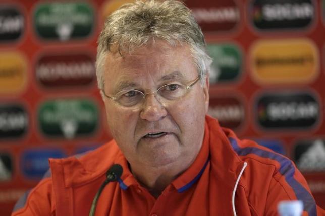 Netherlands soccer team coach Guus Hiddink speaks during a news conference in Riga Latvia