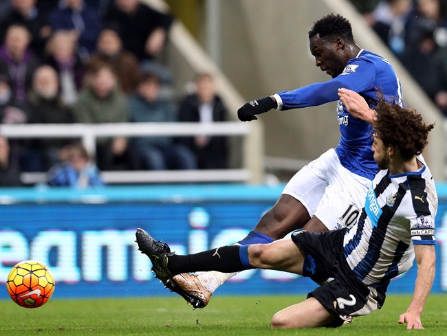 Everton's Romelu Lukaku left vies for the ball with Newcastle United's captain Fabricio Coloccini right during the English Premier League soccer match between Newcastle United and Everton at St James Park Newcastle England Saturday Dec. 26 2015