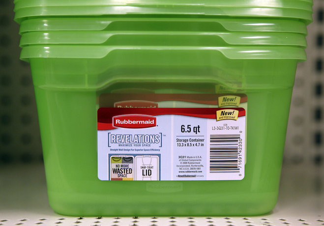 Rubbermaid containers are stacked at a store in Detroit. Newell Rubbermaid announced Monday Dec. 14 2015 it is buying Jarden Corp. in a cash-and-stock deal that creates a $16 billion consumer goods