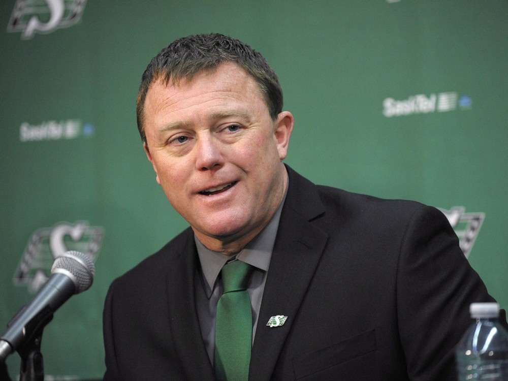 The new head coach and general manager of the Saskatchewan Roughriders Chris Jones speaks during a press conference at Mosaic Stadium in Regina on Monday