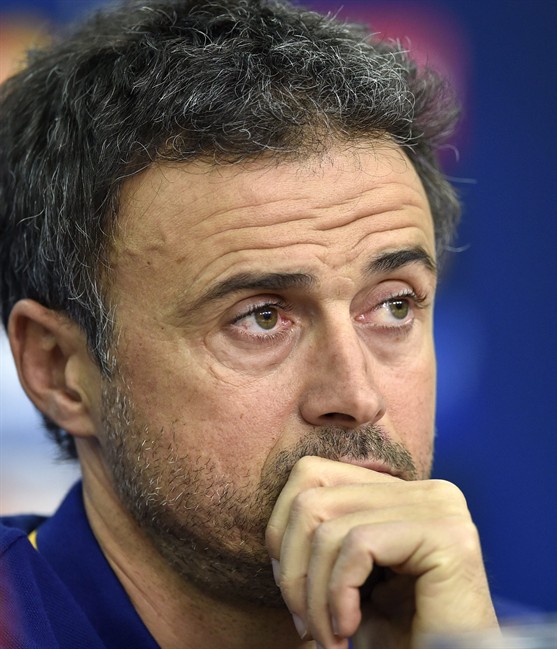 Barcelona's head coach Luis Enrique listens to the media during a press conference prior the Champions League group E soccer match between Bayer Leverkusen and FC Barcelona in Leverkusen Germany Tuesday Dec. 8 2015