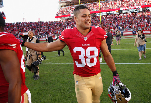 Jarryd Hayne #38 of the San Francisco 49ers walks off the field after the 49ers beat the Baltimore Ravens at Levi's Stadium