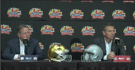 Notre Dame coach Brian Kelly and OSU coach Urban Meyer address the media Thursday morning. Credit Evan Szymkowicz | Sports Director