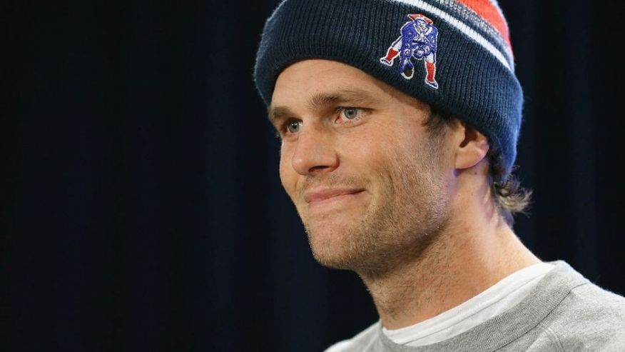 FOXBORO MA- JANUARY 22 New England Patriots quarterback Tom Brady talks to the media during a press conference to address the under inflation of footballs used in the AFC championship game at Gillette Stadium