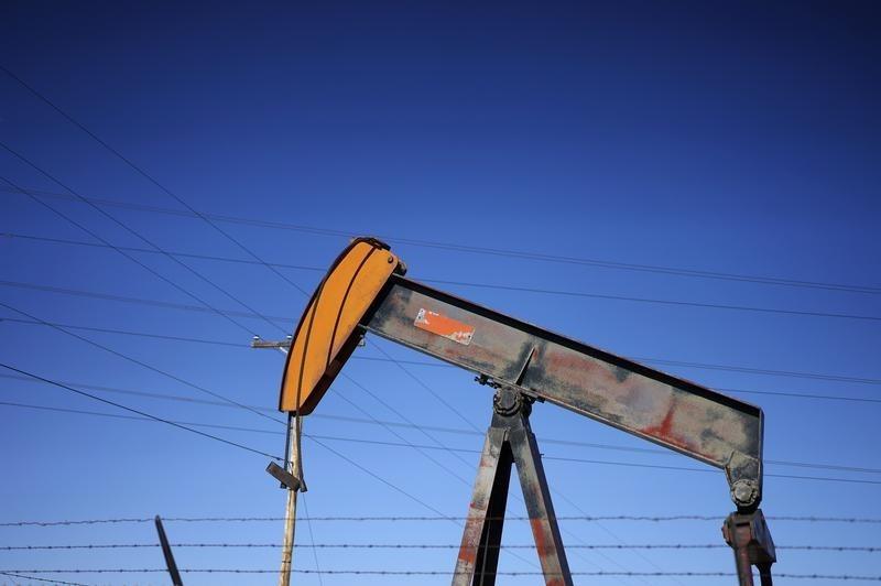 An oil well pump jack is seen at an oil field supply yard near Denver