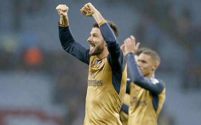 Oliver Giroud who opened the scoring for Arsenal celebrates after Sunday's victory