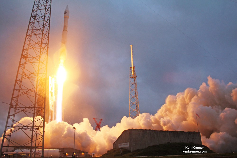 Orbital ATK’s Cygnus Spacecraft carrying vital cargo to resupply the International Space Station lifts-off aboard a United Launch Alliance Atlas V rocket. Credit Ken Kremer