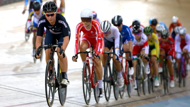 New Zealand's Holly Edmondston leads the pack during the Omnium at the Track Cycling World Cup in Cambridge