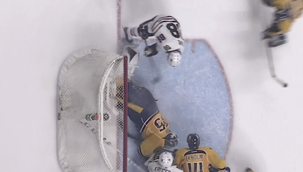 Patrick Kane scores a goal in the 3rd period against the Predators at Bridgestone Arena on December 10th