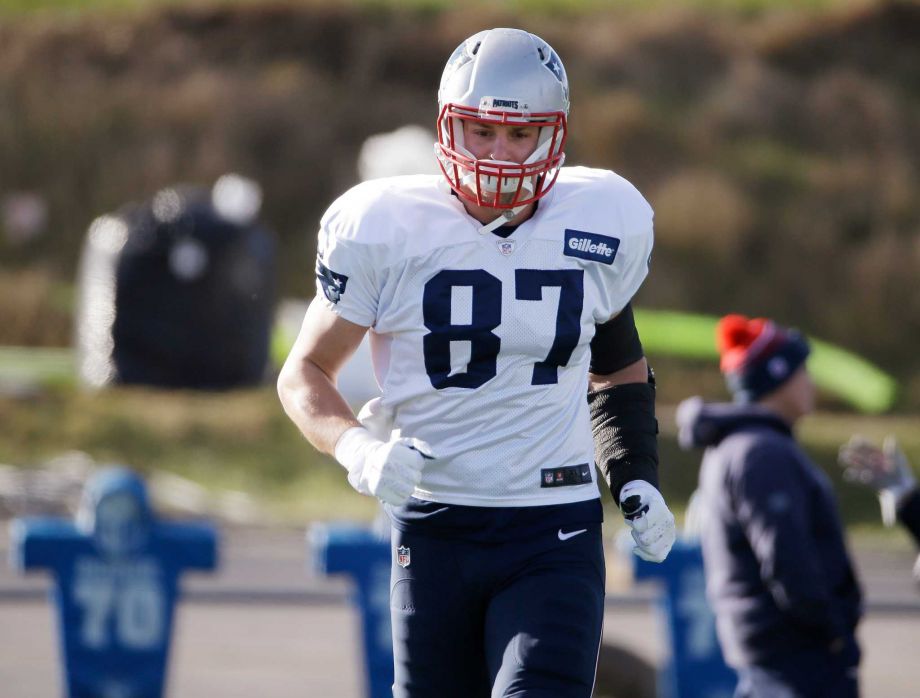 New England Patriots tight end Rob Gronkowski runs during practice at the NFL football team's facility Wednesday Dec. 16 2015 in Foxborough Mass