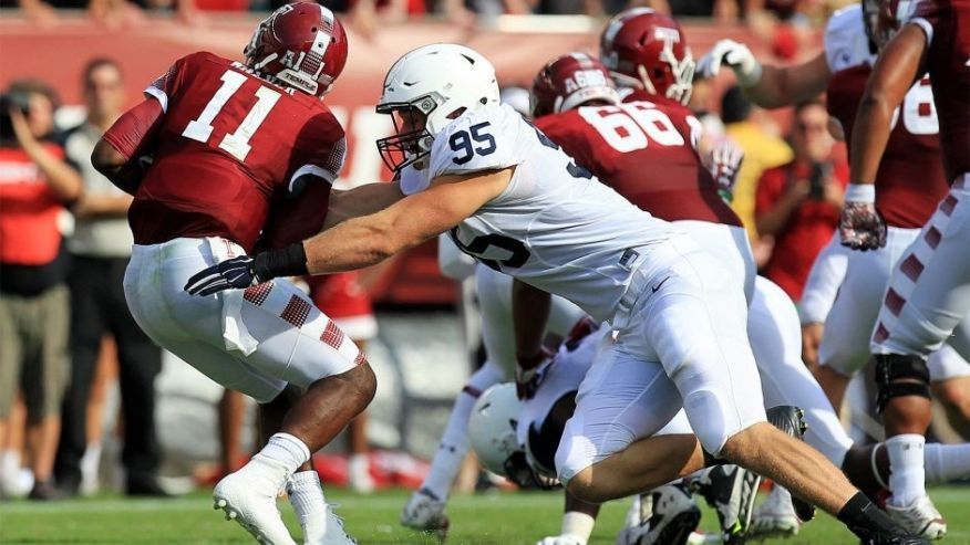 Sep 5 2015 Philadelphia PA USA Penn State Nittany Lions defensive end Carl Nassib sacks Temple Owls quarterback P.J. Walker during the second quarter at Lincoln Financial Field. Mandatory Credit Matthew O'Haren-USA TODAY Sports