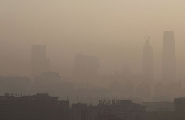 The skyline of the city can be seen under severe smog and pollution before it cleared