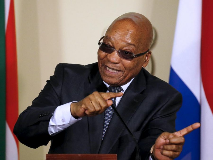 President of South Africa Zuma gestures during a news briefing with Dutch Prime Minister Rutte at the Union Buildings in Pretoria