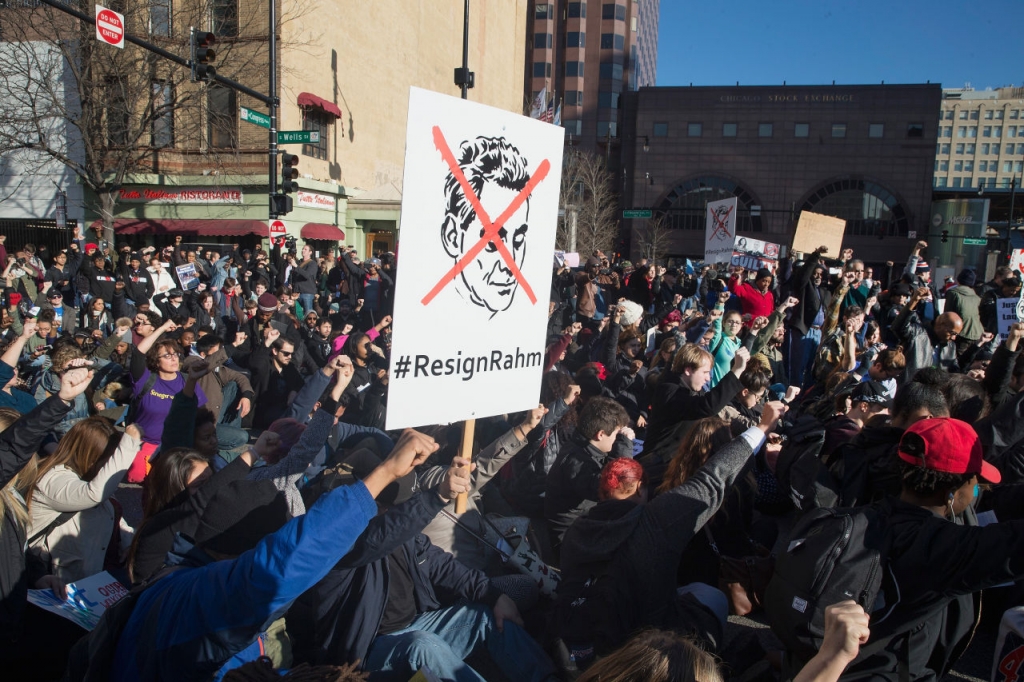 Chicago Illinois. About 1,000 protesters calling for the resignation of Chicago Mayor Rahm Emanuel marched through downtown blocking traffic and occasionally having brief clashes with