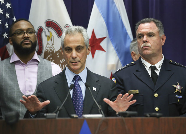 Mayor Rahm Emanuel and Chicago Police Supt. Garry McCarthy hold a news conference at Chicago Police Headquarters in Chicago on Tuesday Nov. 24 2015. After the the news conference they released the 2014 video of Laquan Mc Donald being shot and killed