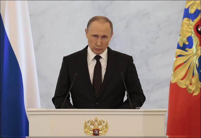 Russian President Vladimir Putin gives his annual state of the nation address in the Kremlin in Moscow Russia today