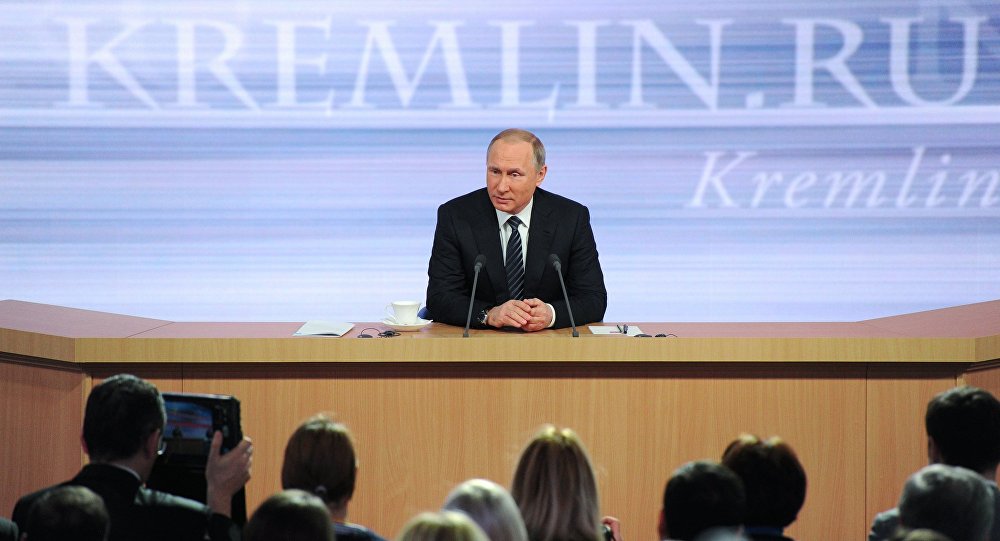 Russian President Vladimir Putin at the 11th annual news conference at the World Trade Center on Krasnaya Presnya