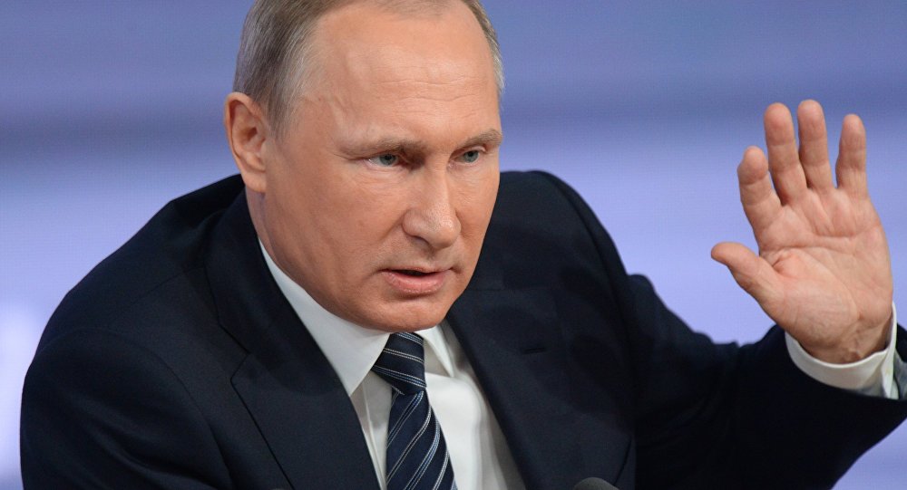 Russian President Vladimir Putin at the 11th annual news conference at the World Trade Center on Krasnaya Presnya