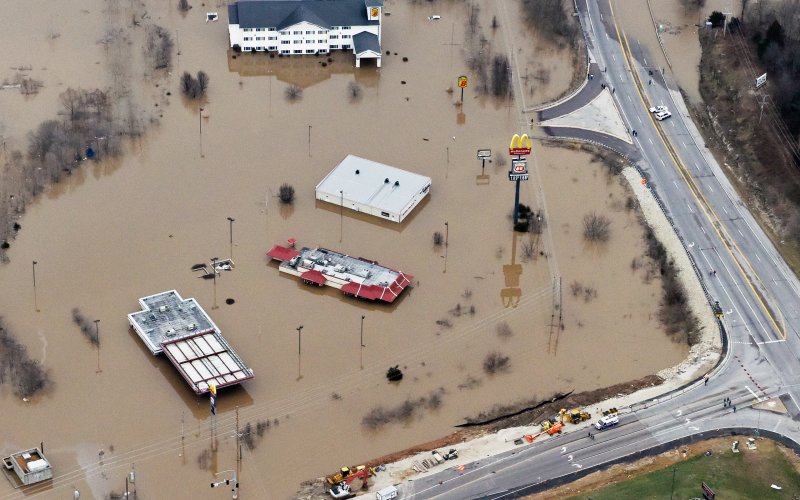 Submerged roads and houses are seen after several days of heavy rain led to flooding in an aerial view over Union Missouri