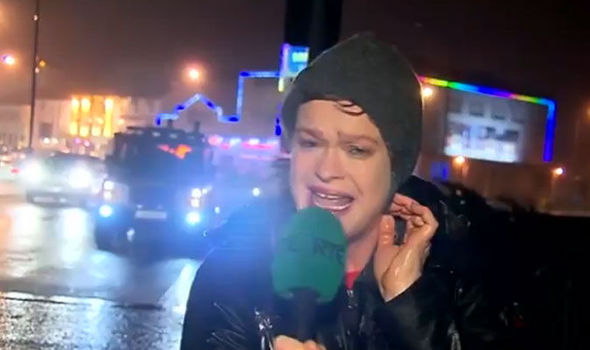 RTÉ News News reporter Teresa Mannion battles through stormy conditions to deliver her weather report