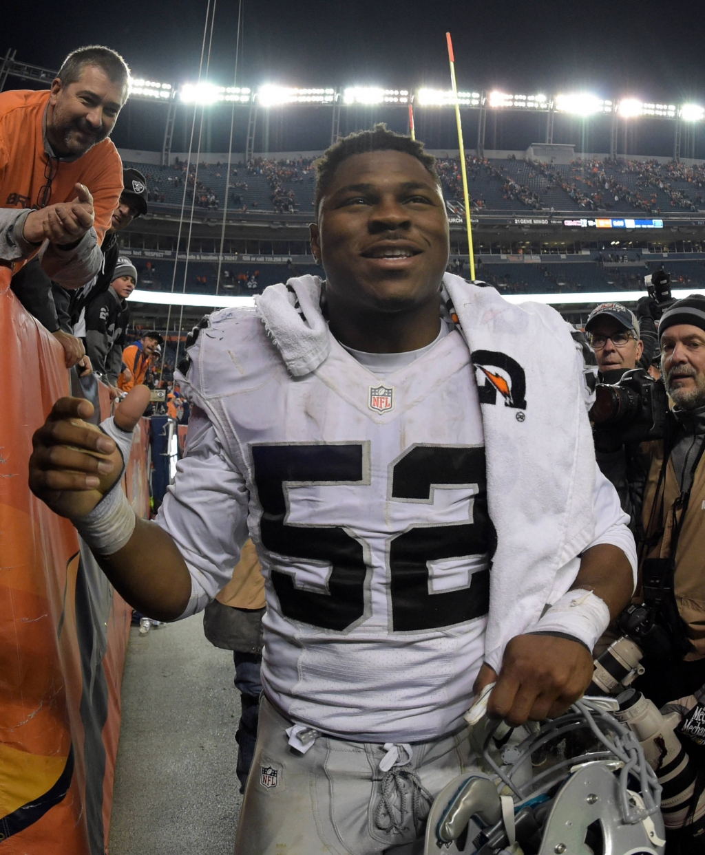 Raiders DE Khalil Mack recorded a whopping 5 sacks in yesterday's upset victory over the Denver Broncos.		Kirby Lee-USA TODAY Sports