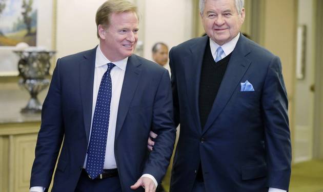 NFL comissioner Roger Goodell left and Carolina Panthers owner Jerry Richardson walk together during a break at an NFL owners meeting in Irving Texas Wednesday Dec. 2 2015