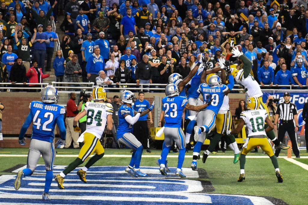 Richard Rodgers making the catch during the Hail Mary attempt.		Tim Fuller-USA TODAY Sports