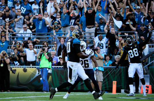 Julius Thomas scores a touchdown in the fourth quarter of the Jaguars 31-25 loss to San Diego on Sunday at Ever Bank Field