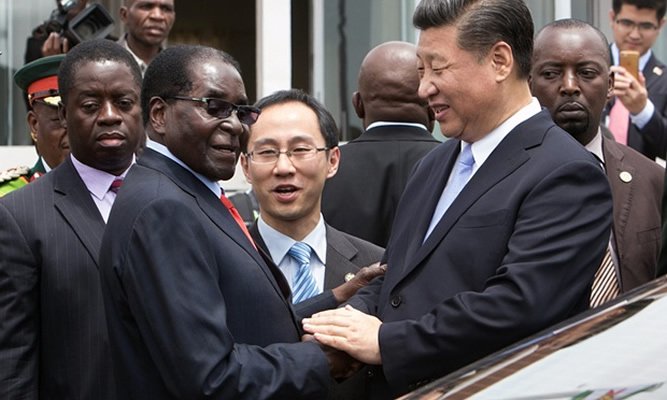 Robert Mugabe shakes hands with Xi Jinping as the Chinese president arrives in Harare on Tuesday