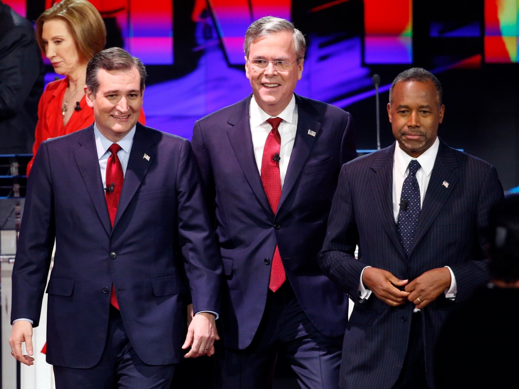 Republican presidential candidates from left Ted Cruz Jeb Bush and Ben Carson leave the stage following the CNN Republican presidential debate at the Venetian Hotel & Casino on Tuesday in Las Vegas