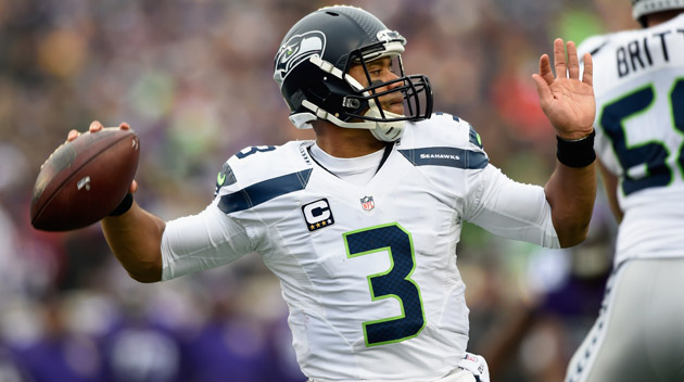 Quarterback Russell Wilson #3 of the Seattle Seahawks passes the ball against the Minnesota Vikings