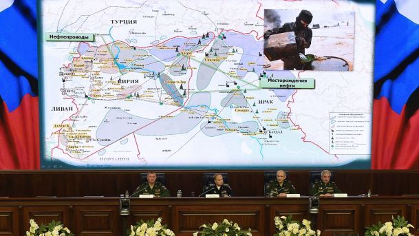 A map showing the alleged routes of alleged oil smuggling from Syria and Iraq to Turkey according to the Russian Defense Ministry