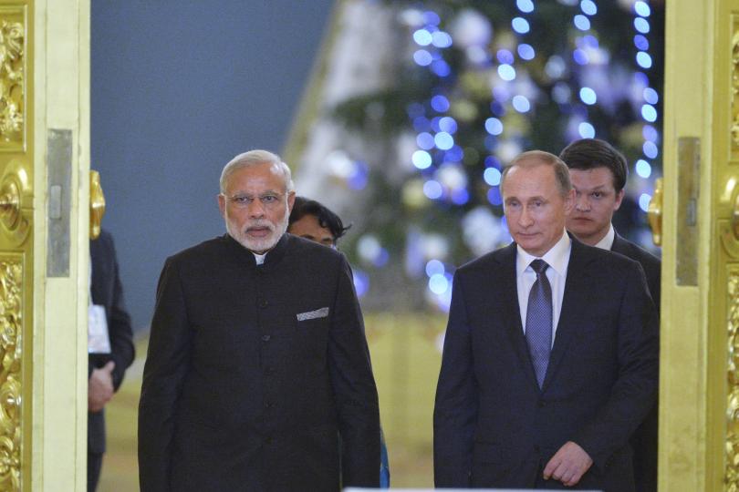 Indian Prime Minister Narendra Modi and Russian President Vladimir Putin walk side by side