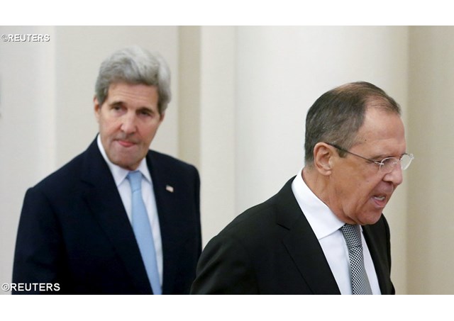 Russian Foreign Minister Sergei Lavrov and US Secretary of State John Kerry arrive for a meeting in Moscow Russia