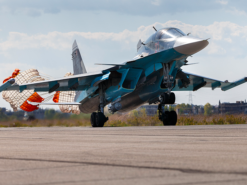 A Russian warplane takes off at Hmeymim air base in Syria