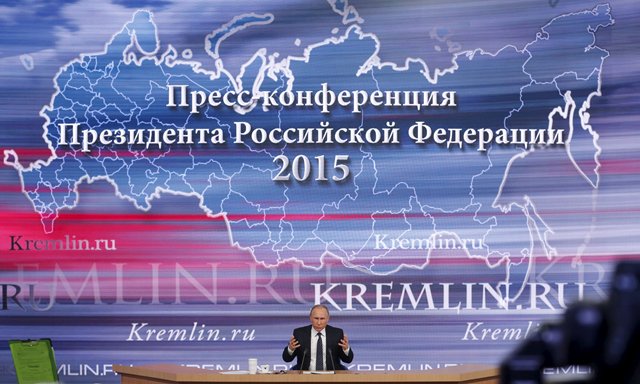 Russian President Vladimir Putin speaks during his annual end-of-year news conference in Moscow Russia