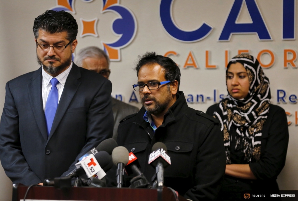 Farhan Khan, brother-in-law of San Bernardino shooting suspect Syed Farook speaks at the Council on American Islamic Relations during a news conference in Anaheim California