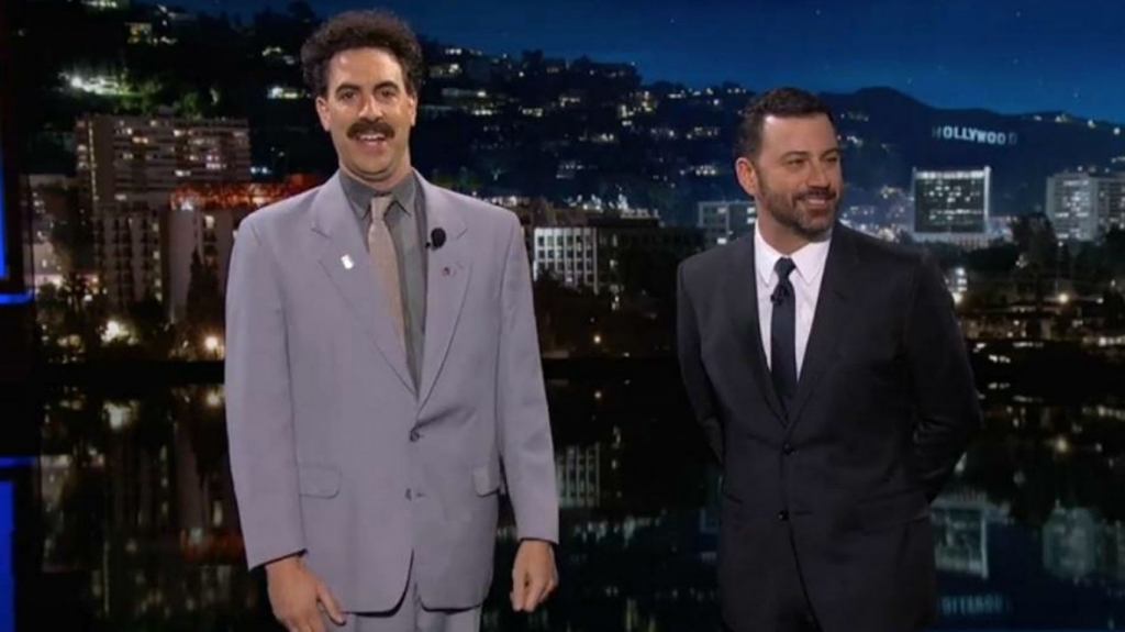 Sacha Baron Cohen popped up as Borat on Jimmy Kimmel Live! to promote new film Grimsby