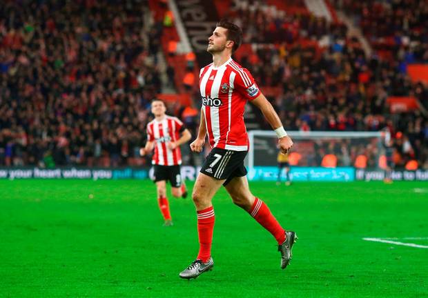 Southampton’s Shane Long celebrates as he scores their fourth goal during their Premier League match against Arsenal at St Mary’s Stadium on Saturday