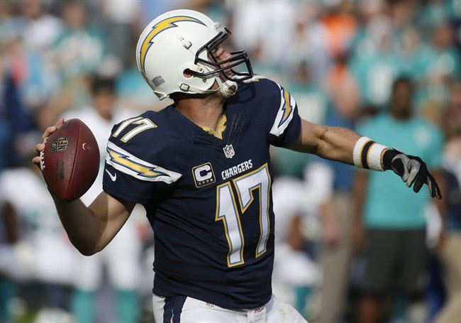 San Diego Chargers quarterback Philip Rivers prepares to pass against the Miami Dolphins during the first half in an NFL football game Sunday Dec. 20 2015 in San Diego