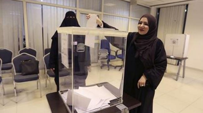 Saudi women vote at a polling center during the country's municipal elections in Riyadh Saudi Arabia Saturday Dec. 12 2015. Saudi women are heading to polling stations across the kingdom on Saturday both as voters and candidates for the first