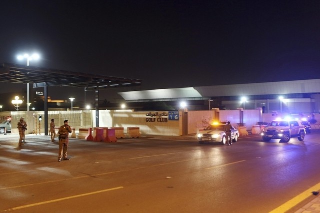 Saudi security forces stand guard outside a hotel where Syrian opposition groups held talks in Riyadh Saudi Arabia