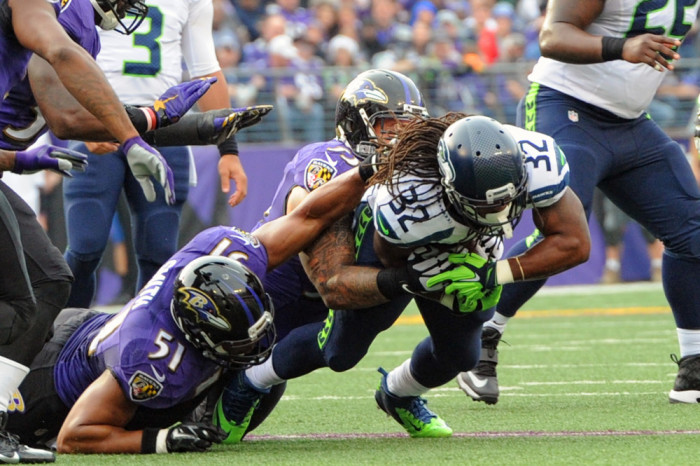 13 December 2015  Seattle Seahawks running back Du Juan Harris in action against Baltimore Ravens inside linebacker Daryl Smith at M&T Bank Stadium in Baltimore MD