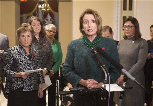 House Minority Leader Nancy Pelosi of Calif. center with from left Rep. Jan Schakowsky D-Ill. Rep. Diana DeGette D-Colo. Rep. Bonnie Watson Coleman D-N.J. Rep. Jerrold Nadler D-N.Y. and Rep. Suzan DelBene D-Wash. speaks to members of the medi