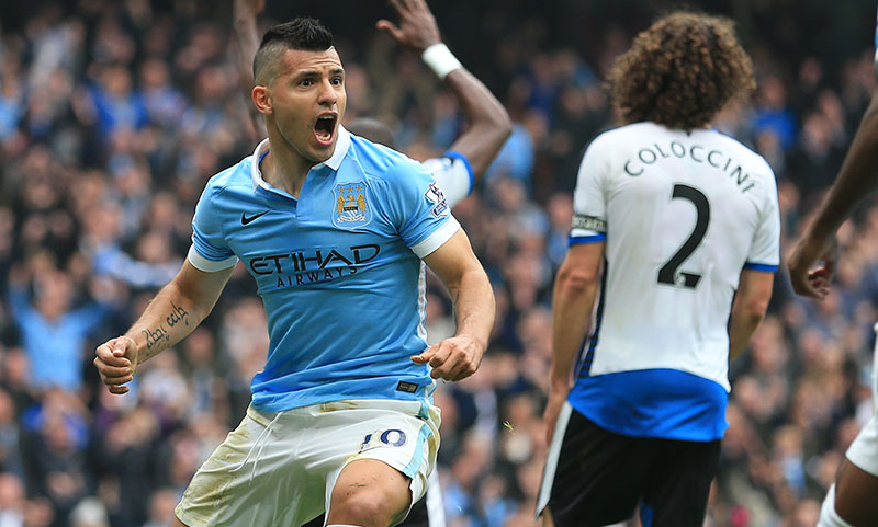 3rd October 2015- Barclays Premier League- Manchester City v Newcastle United- Sergio Aguero of Man City celebrates after scoring their 1st goal