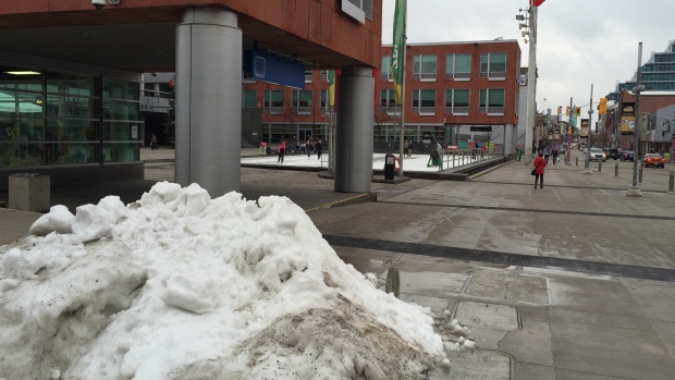 Snow piled high on a warm day at the skating rink Carl Zehr Square in front of Kitchener City Hall Dec. 23 2015