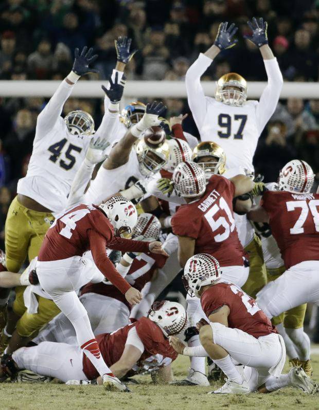 Stanford's Conrad Ukropina kicks a 45-yard field goal as time expires to give Stanford a 38-36 win over Notre Dame last Saturday