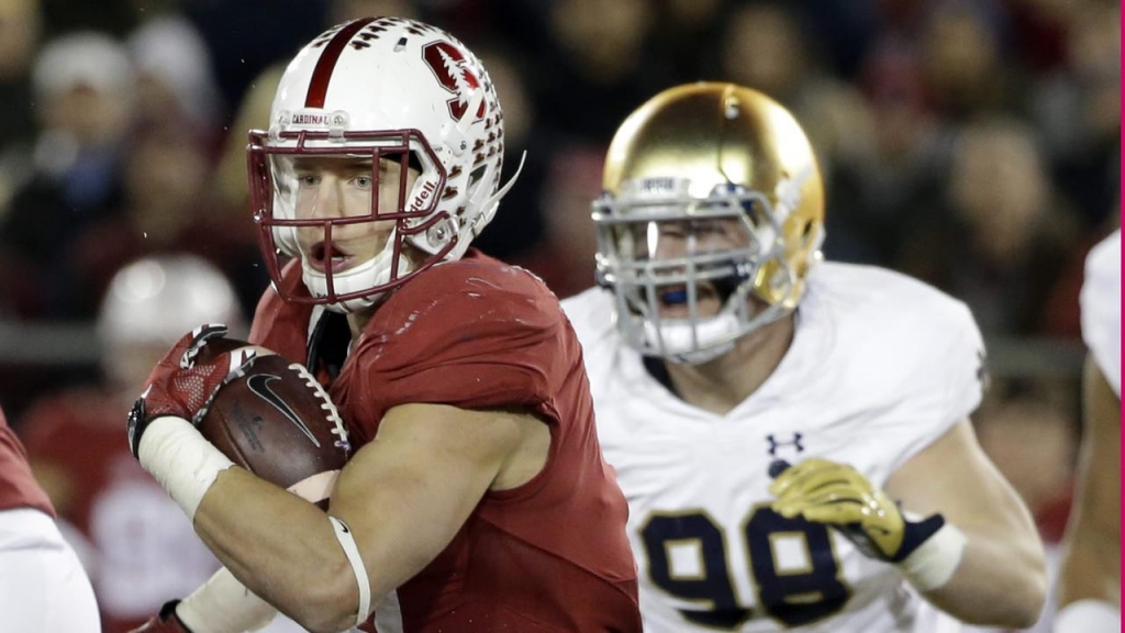 Stanford running back Christian Mc Caffrey runs against Notre Dame during the first half of an NCAA college football game Saturday Nov. 28 2015 in Stanford Calif