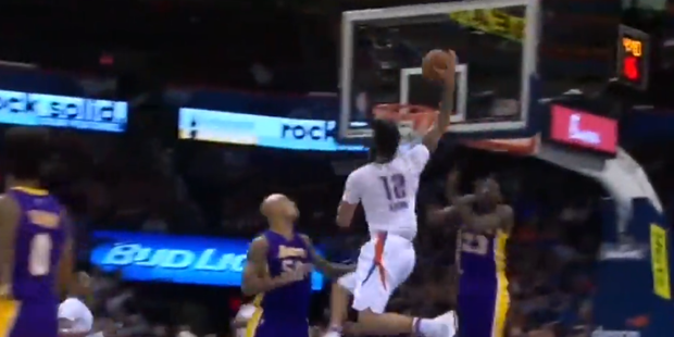 Steven Adams goes up for the alley-oop against the Los Angeles Lakers